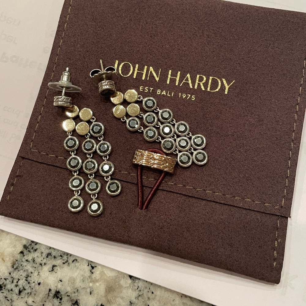 John Hardy Dot earrings with Hematite and 18K Yellow gold- Chandeliers